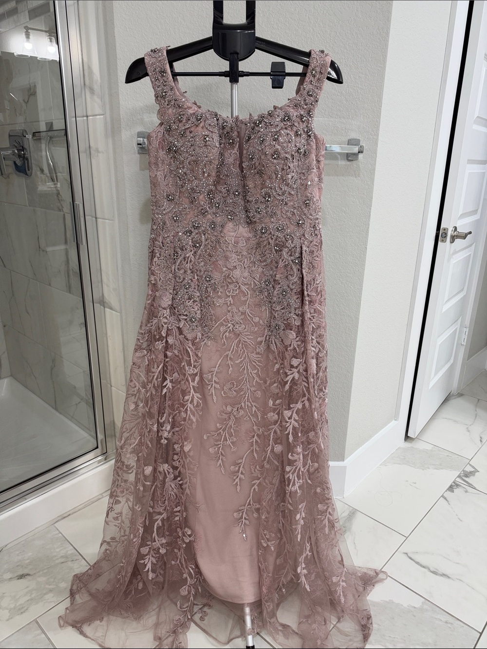 Beaded Dusty Rose Prom Dress with Floral Lace Overlay